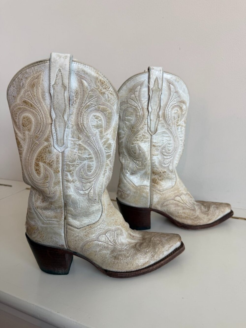 Dan Post Ivory Leather Western Cowboy Boots Embroidered Size 7.5